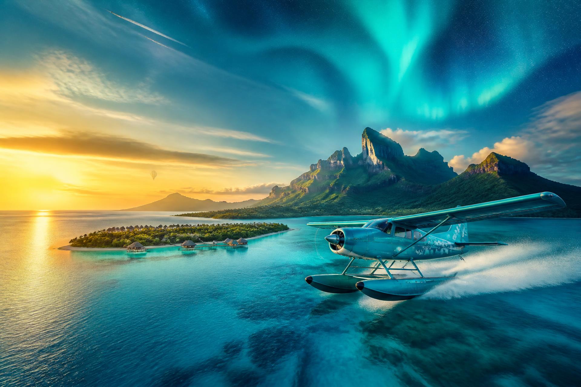 Seaplane skimming a turquoise lagoon beneath aurora-lit mountains at sunset
